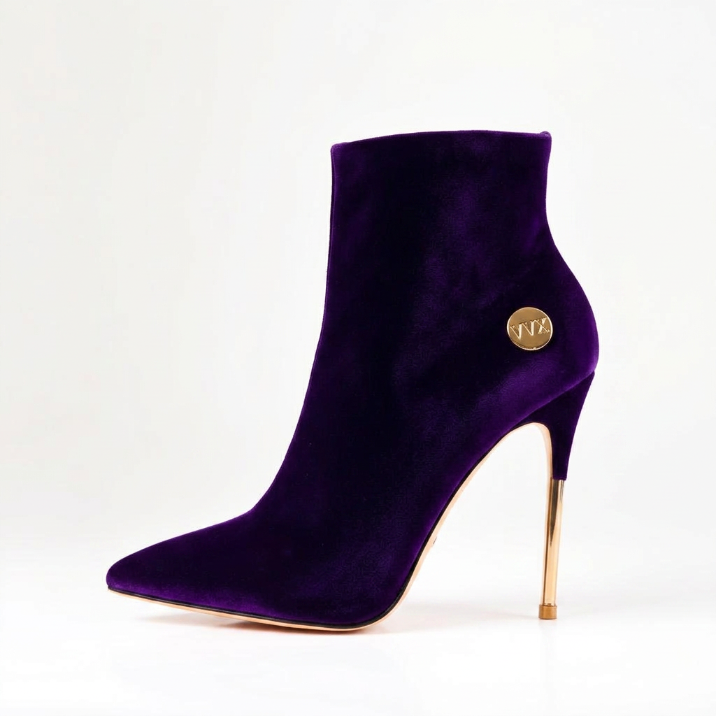 VVXHQ footwear Royal Plum Sock Boot in Royal Plum — Velvet stretch bootie, gold stiletto, view 2 of 3