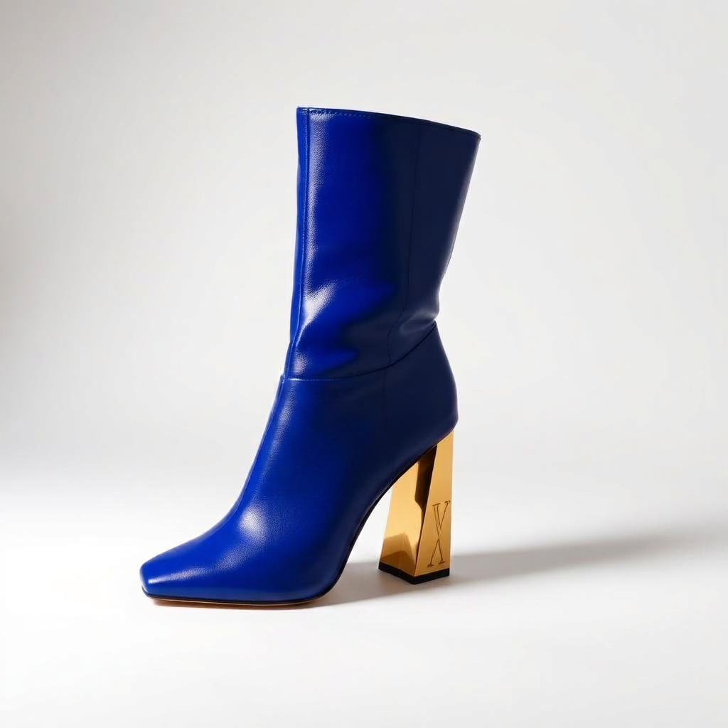 VVXHQ footwear Electric Cobalt Square-Toe Boot in Electric Cobalt, Leather boot on a gold sculpted heel
