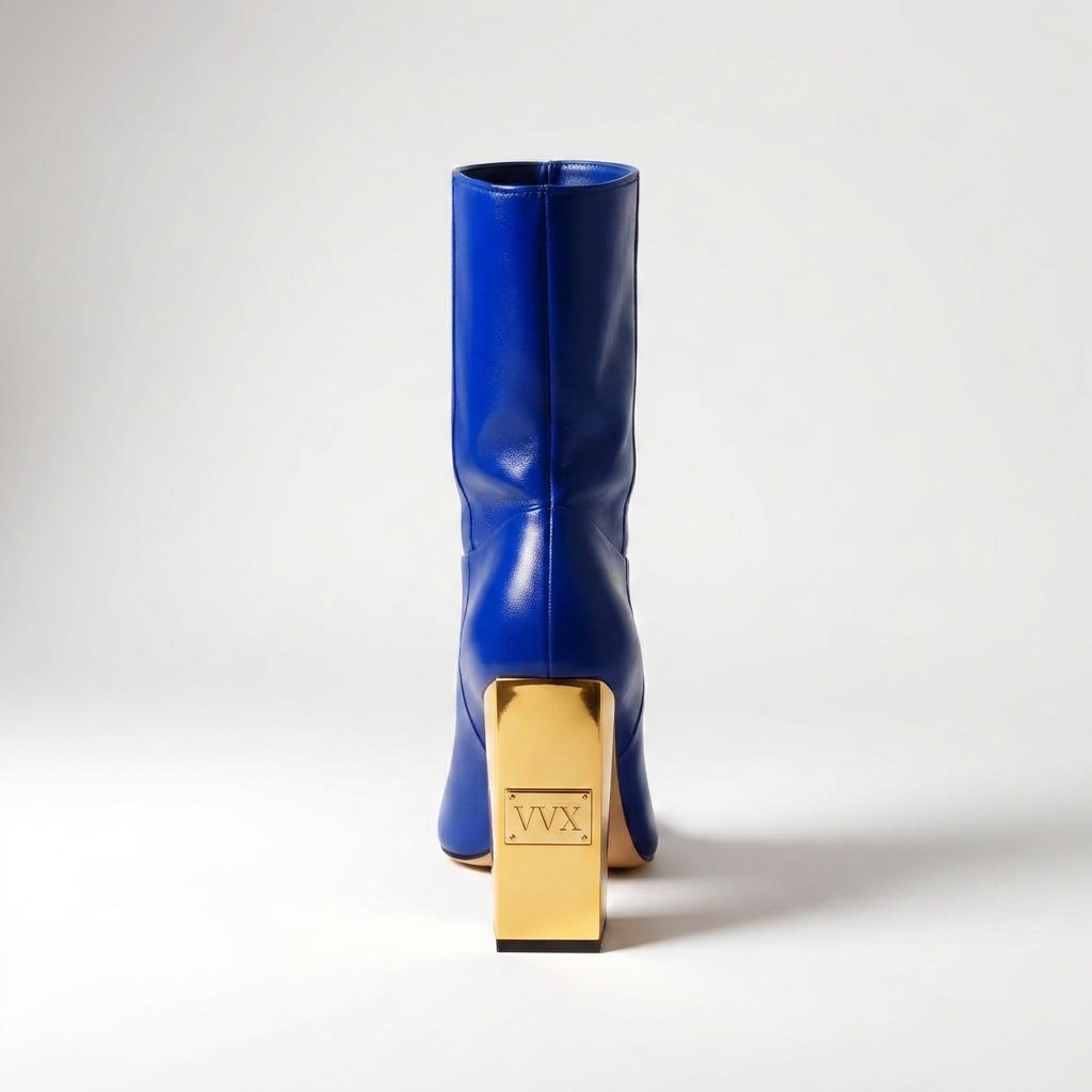 VVXHQ footwear Electric Cobalt Square-Toe Boot in Electric Cobalt — Leather boot on a gold sculpted heel, view 3 of 3