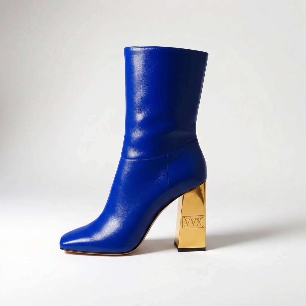 VVXHQ footwear Electric Cobalt Square-Toe Boot in Electric Cobalt — Leather boot on a gold sculpted heel, view 2 of 3