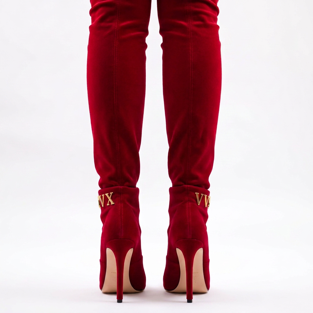 VVXHQ footwear Reign Thigh-High Boot in Crimson Reign — Crimson stretch suede on a stiletto, view 3 of 3