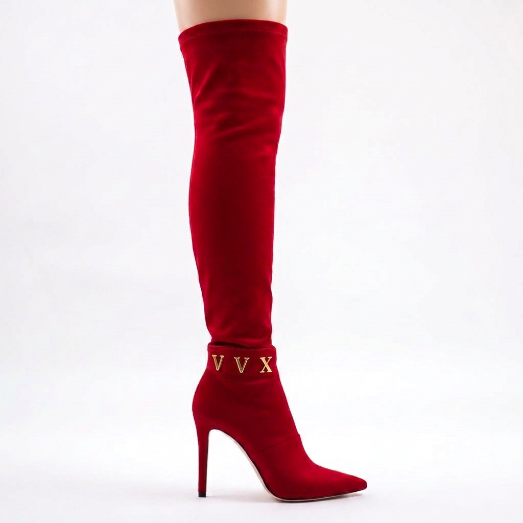 VVXHQ footwear Reign Thigh-High Boot in Crimson Reign — Crimson stretch suede on a stiletto, view 2 of 3