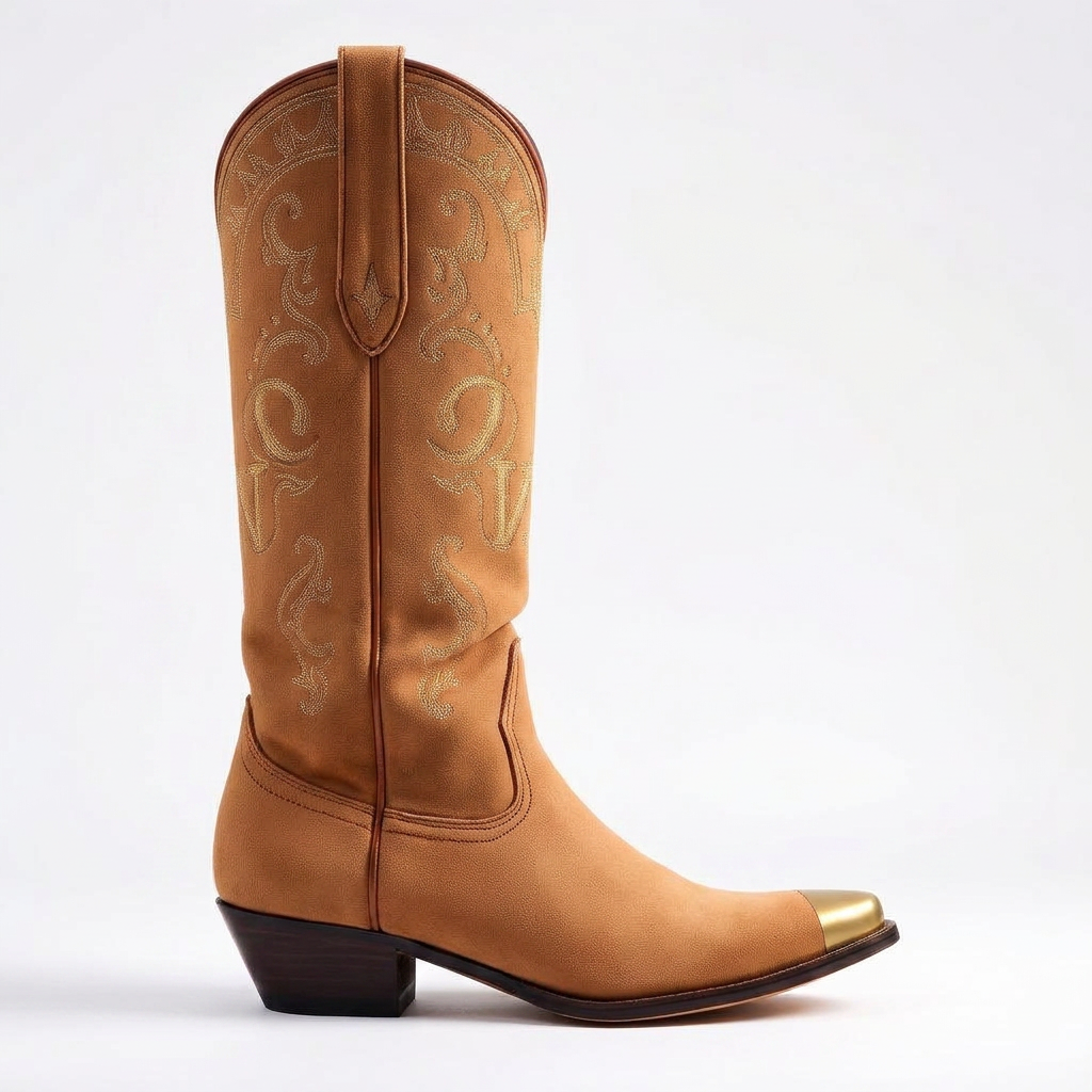 VVXHQ footwear Desert Sand Western Boot in Desert Sand — Suede slouch boot with gold toe cap, view 2 of 3