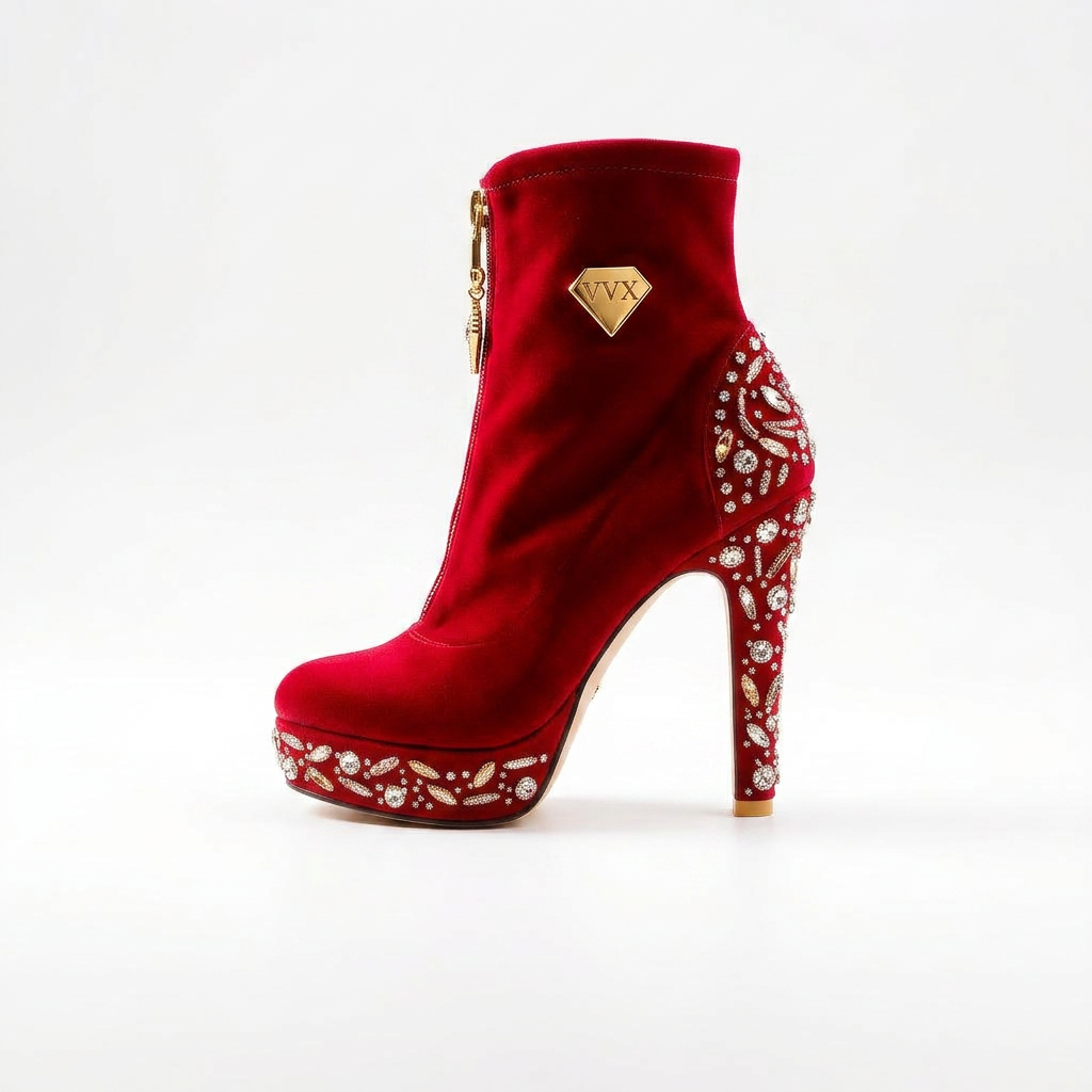 VVXHQ footwear Ruby Crystal Platform Bootie in Ruby Noir — Crystal-set heel and platform, view 2 of 3