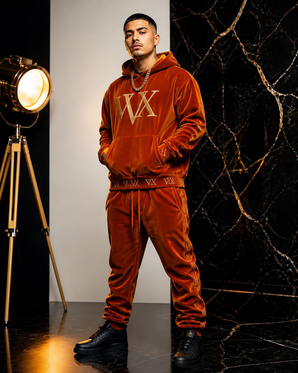 VVXHQ men's Burnt Velour Monogram Set in Copper Flame, Copper velour hoodie set with interlocking gold VVX