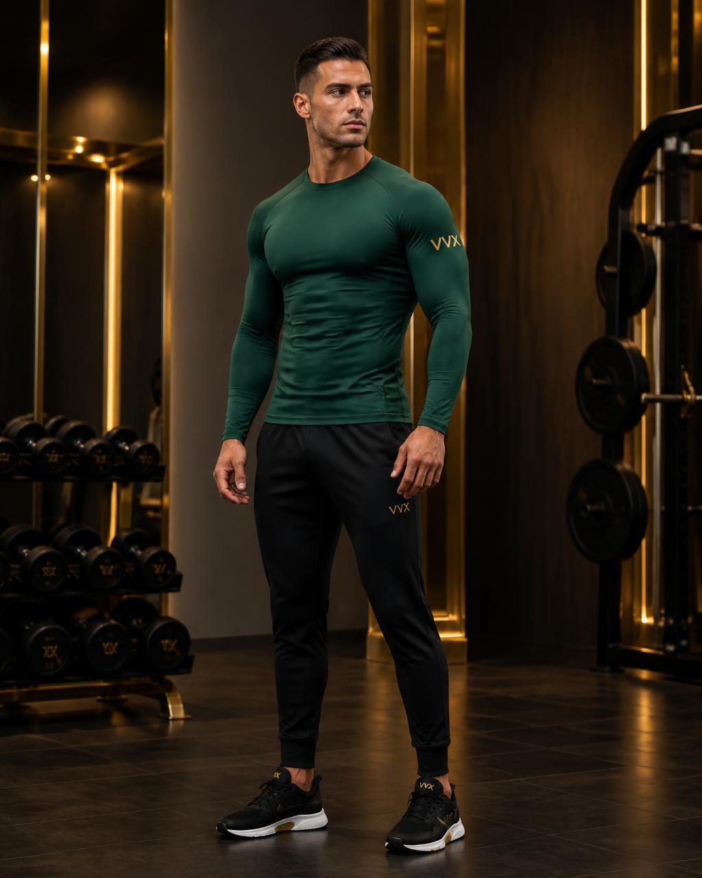 VVXHQ sportswear Emerald Compression Long Sleeve in Emerald Court, Emerald muscle-mapped compression top