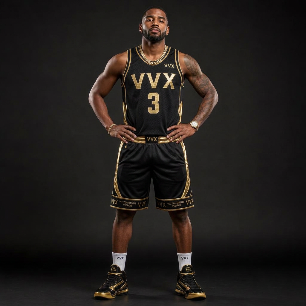 VVXHQ men's Court Jersey Set in Black, Mesh jersey & gold foil short two-piece