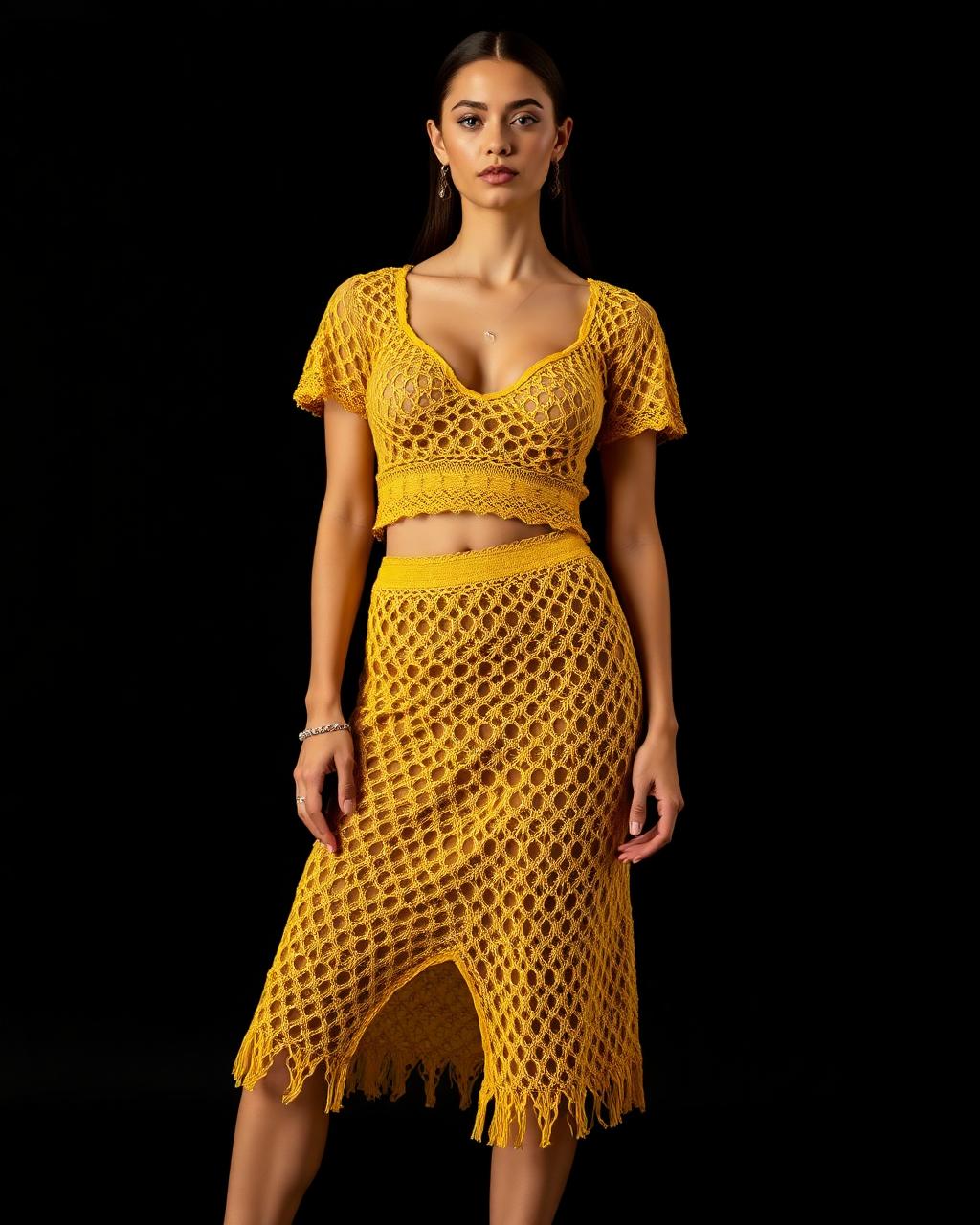 VVXHQ women's Saffron Crochet Set in Saffron, Hand-crocheted crop and midi skirt with gold VVX charm
