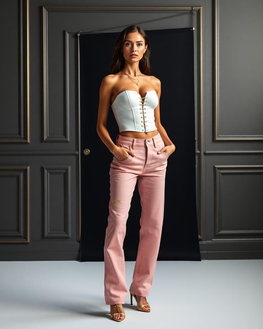 VVXHQ women's Blush Low-Rise Jean in Blush Pearl, Blush pink low-rise straight with gold VVX crest