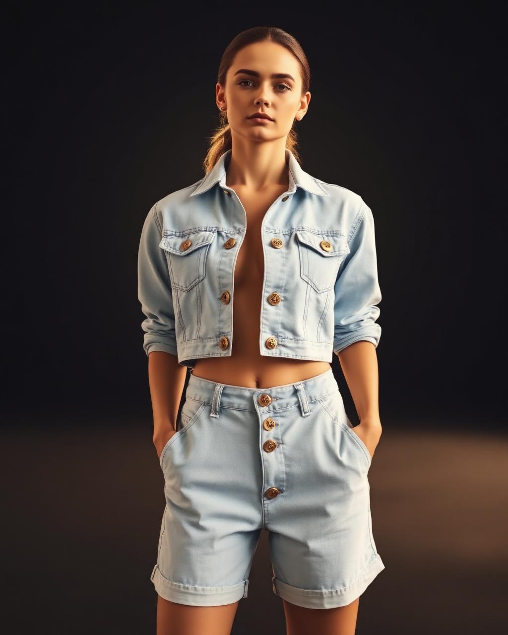 VVXHQ women's Sunwash Denim Short Set in Ice Blue, Cropped jacket and shorts with gold VVX medallions