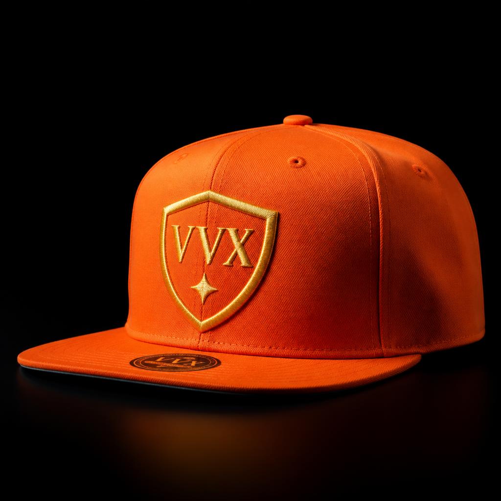 VVXHQ Flame Shield Fitted Cap in Flame Orange, Gold VVX shield emblem