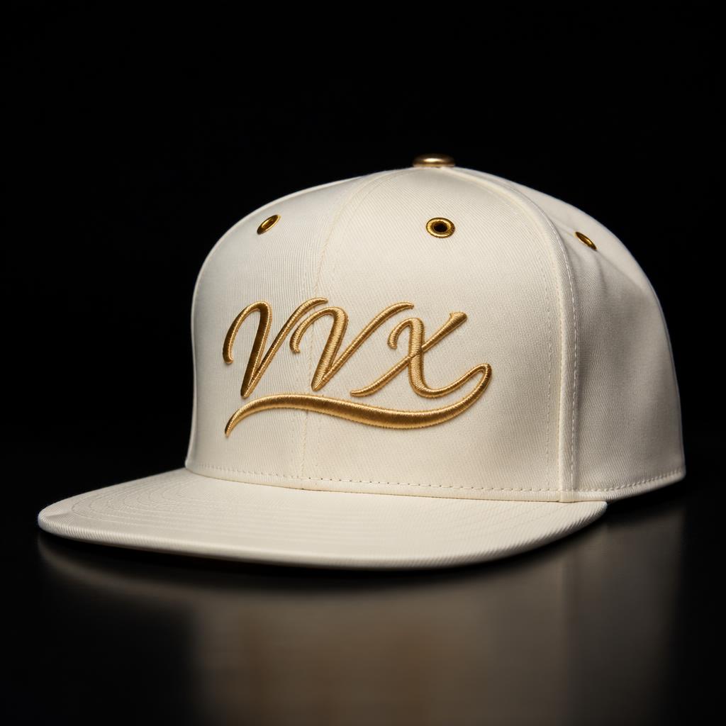 VVXHQ Ivory Script Fitted Cap in Optic Ivory, Gold signature script