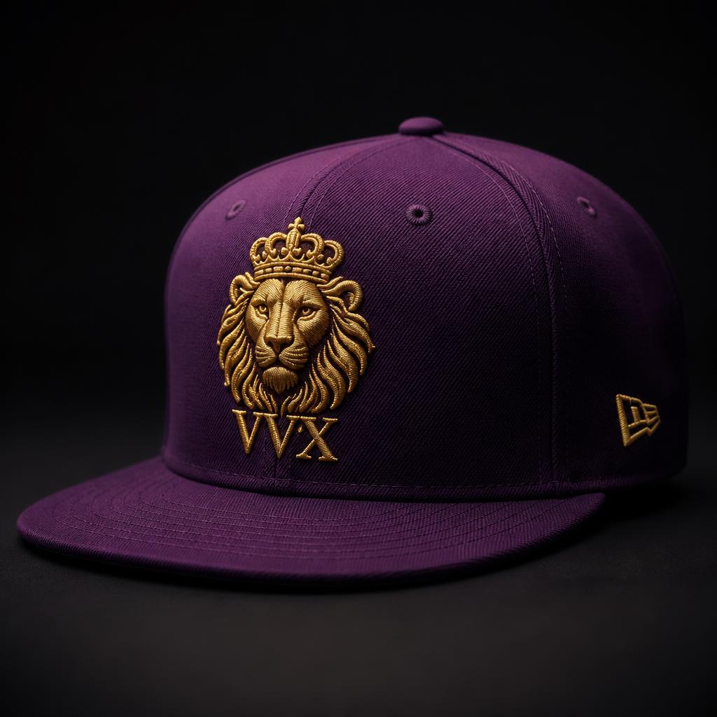 VVXHQ Plum Lion Fitted Cap in Royal Plum, Gold lion crest embroidery
