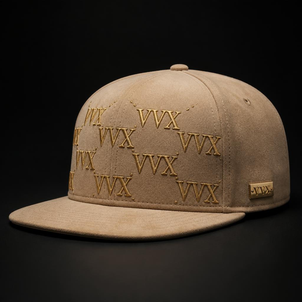 VVXHQ Sand Monogram Fitted Cap in Desert Sand, All-over gold VVX suede