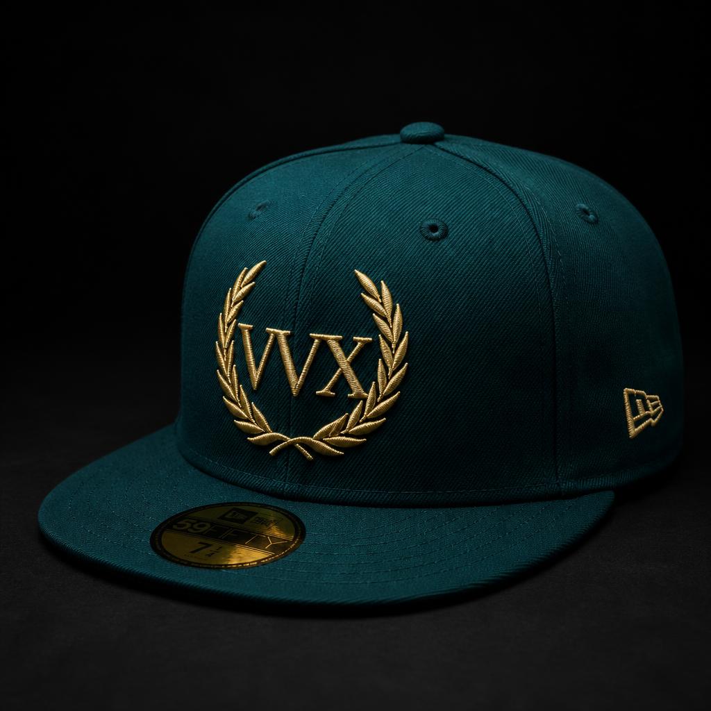 VVXHQ Teal Laurel Fitted Cap in Deep Teal, Gold laurel VVX monogram