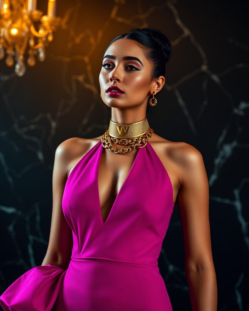 VVXHQ women's Magenta Halter Mini Dress in Magenta Reign, Plunge halter mini with gold VVX chain collar