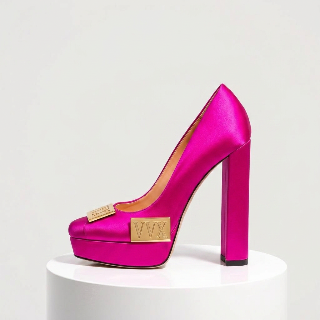 VVXHQ footwear Empress Magenta Platform Pump in Magenta Reign — Satin block-heel platform, view 2 of 3