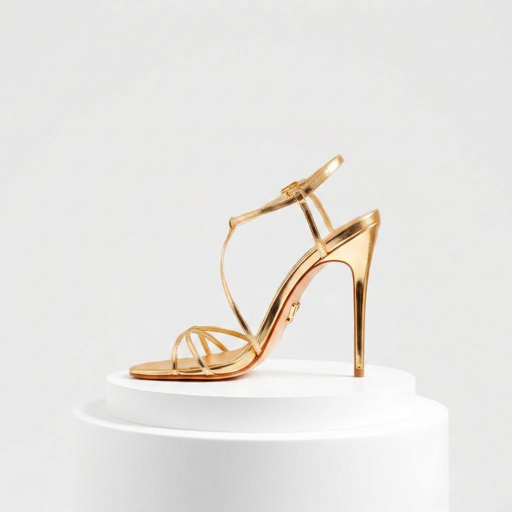 VVXHQ footwear Gold Foil Strap Sandal in Gold Foil — Mirror-gold stiletto sandal, view 2 of 3
