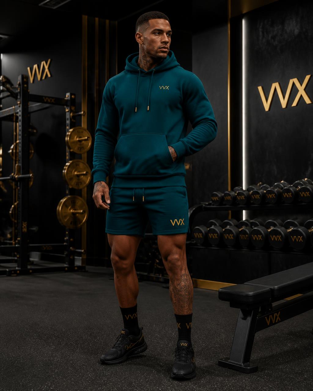 VVXHQ sportswear Deep Teal Performance Hoodie in Deep Teal, Teal midweight training hoodie