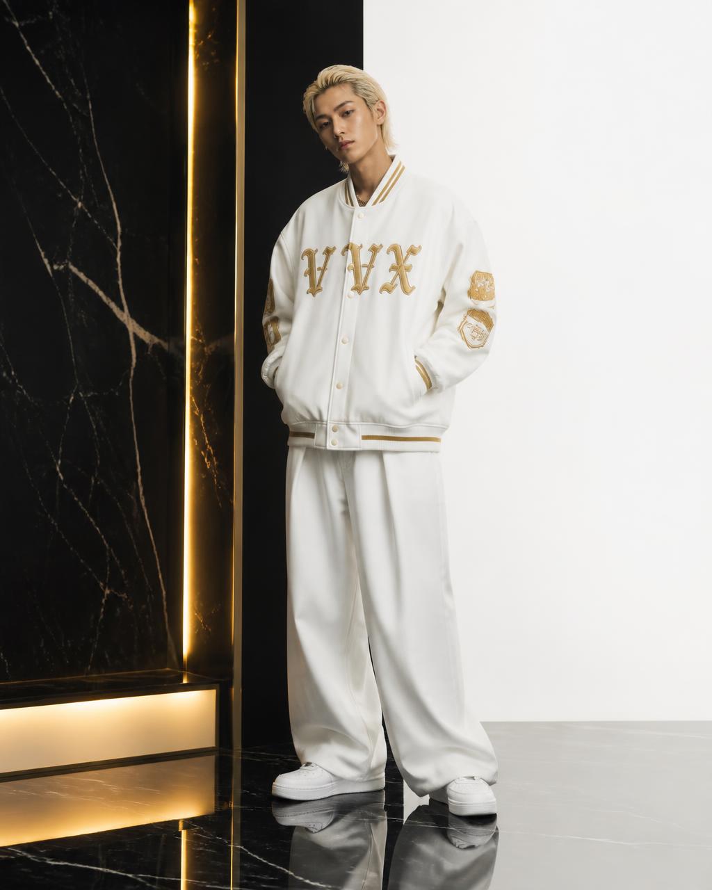 VVXHQ men's Ivory Gothic Varsity Set in Optic Ivory, Optic ivory varsity with gothic gold VVX chenille