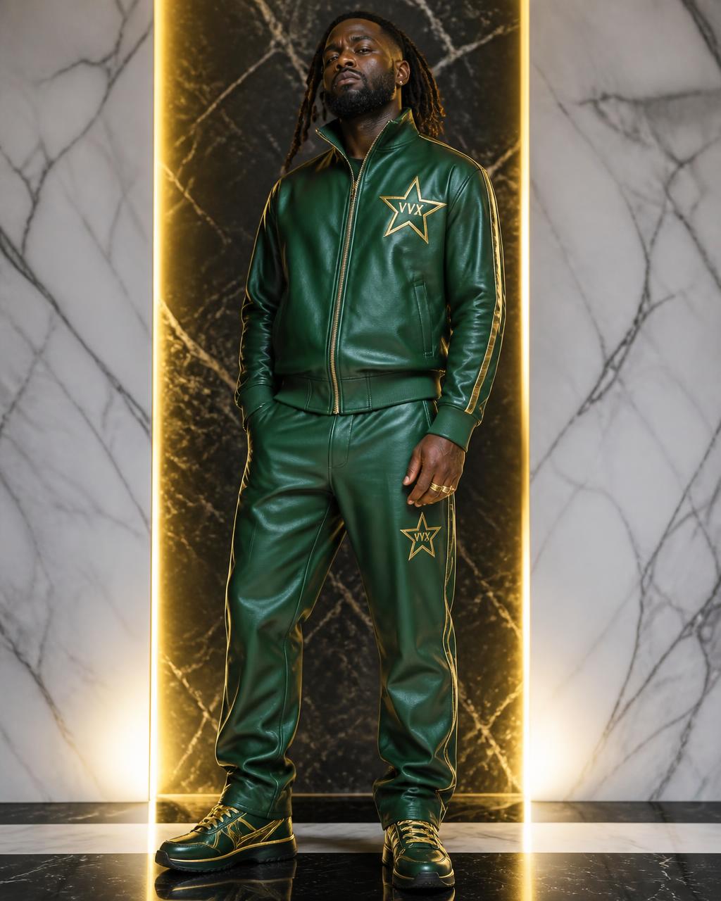 VVXHQ men's Jade Star Leather Set in Jade Empire, Jade lambskin track set with gold star VVX emblem