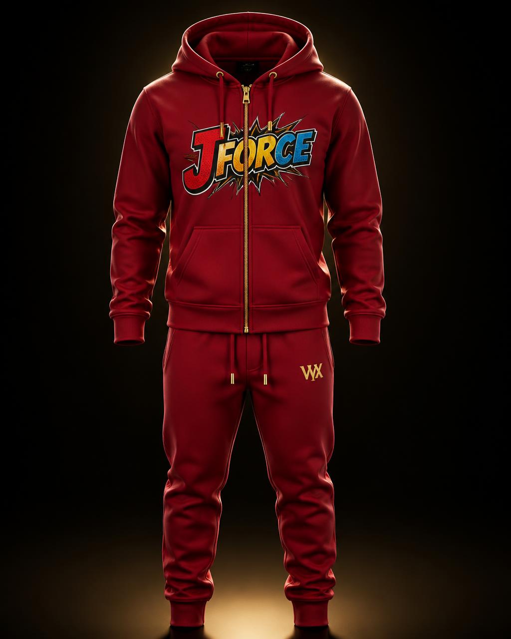 VVXHQ kids' JForce Jogging Suit — Red in Crimson Reign, Two-piece zip hoodie and tapered jogger set in blood red
