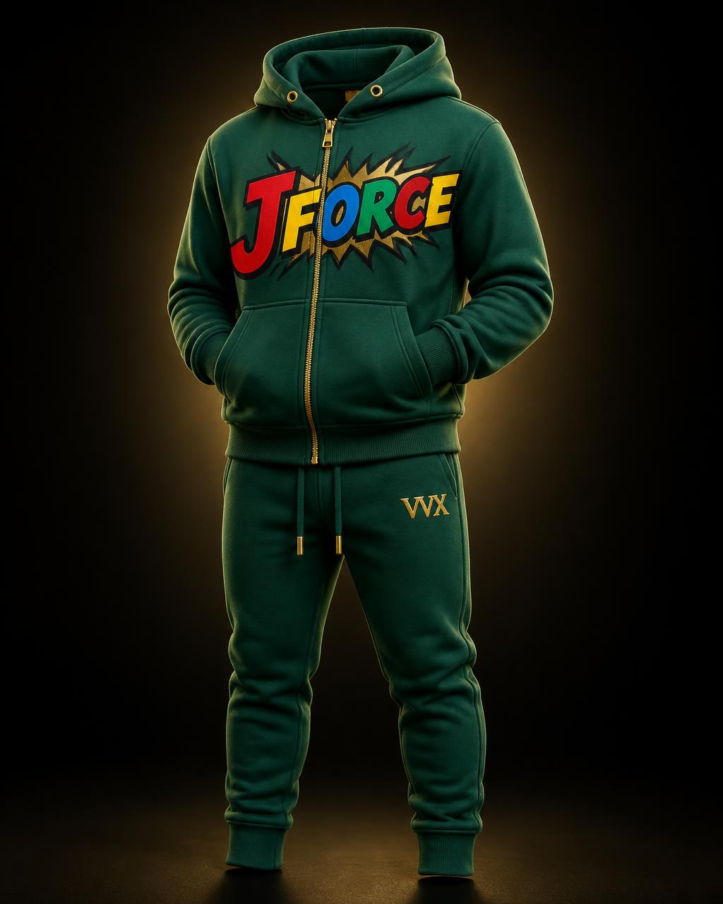 VVXHQ kids' JForce Jogging Suit — Emerald Court in Emerald Court, Two-piece zip hoodie and tapered jogger set in emerald green