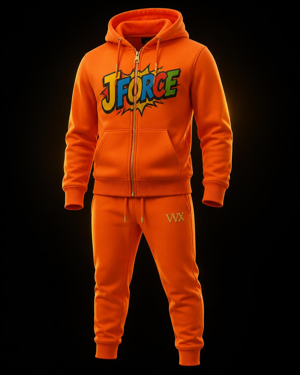 VVXHQ kids' JForce Jogging Suit — Flame Orange in Flame Orange, Two-piece zip hoodie and tapered jogger set in fire orange