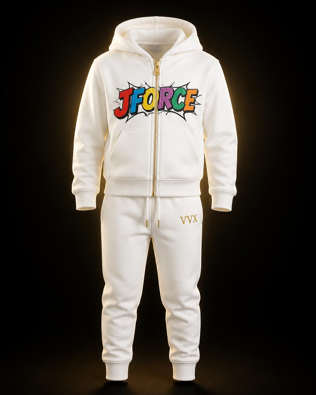 VVXHQ kids' JForce Jogging Suit — Optic Ivory in Optic Ivory, Two-piece zip hoodie and tapered jogger set in optic white