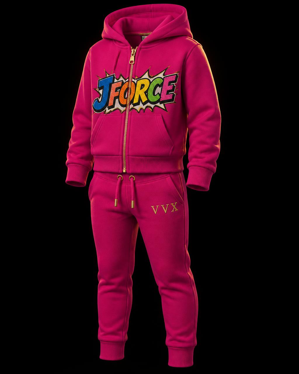 VVXHQ kids' JForce Jogging Suit — Magenta Reign in Magenta Reign, Two-piece zip hoodie and tapered jogger set in magenta pink