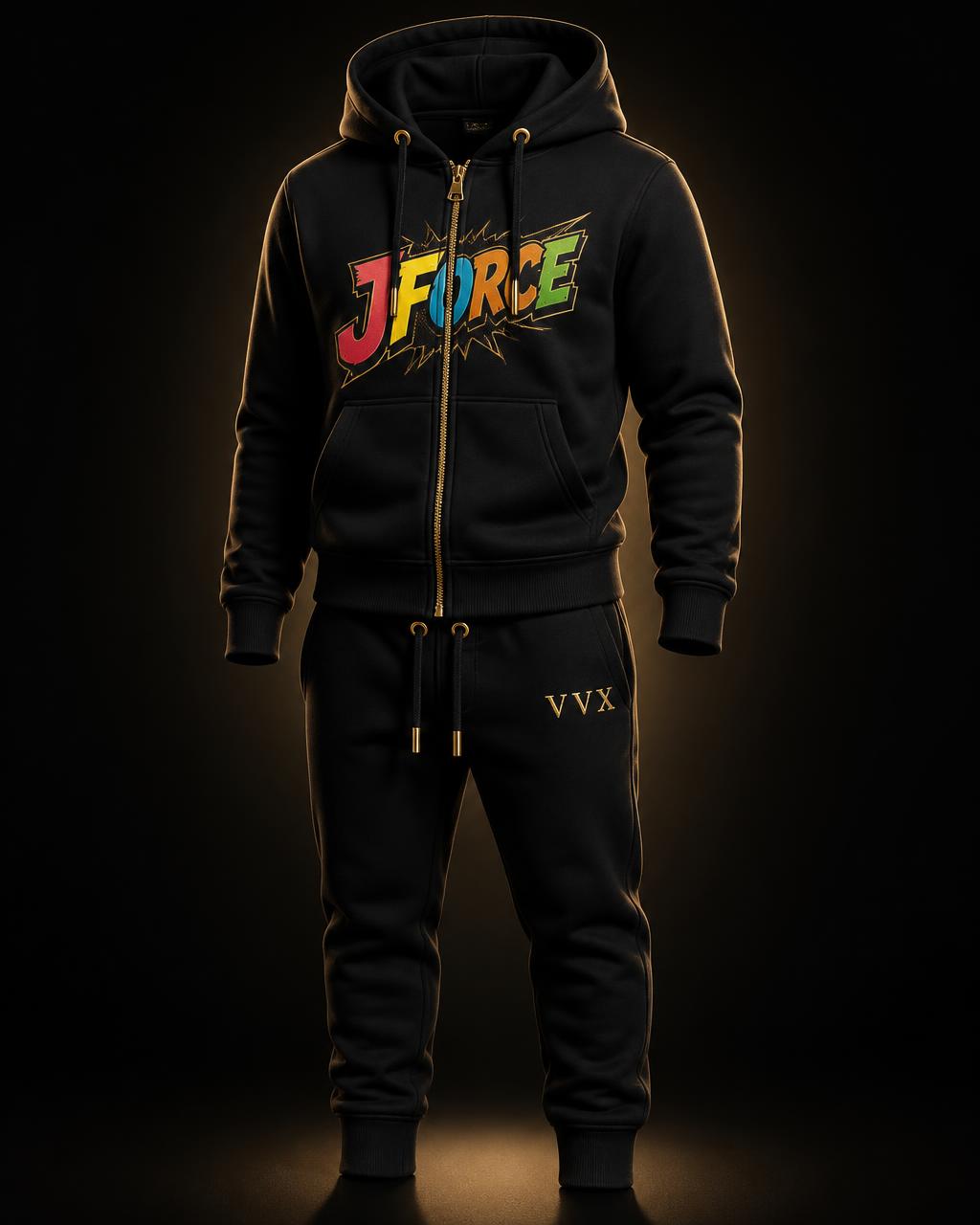 VVXHQ kids' JForce Jogging Suit — Onyx Black in Onyx Black, Two-piece zip hoodie and tapered jogger set in onyx black