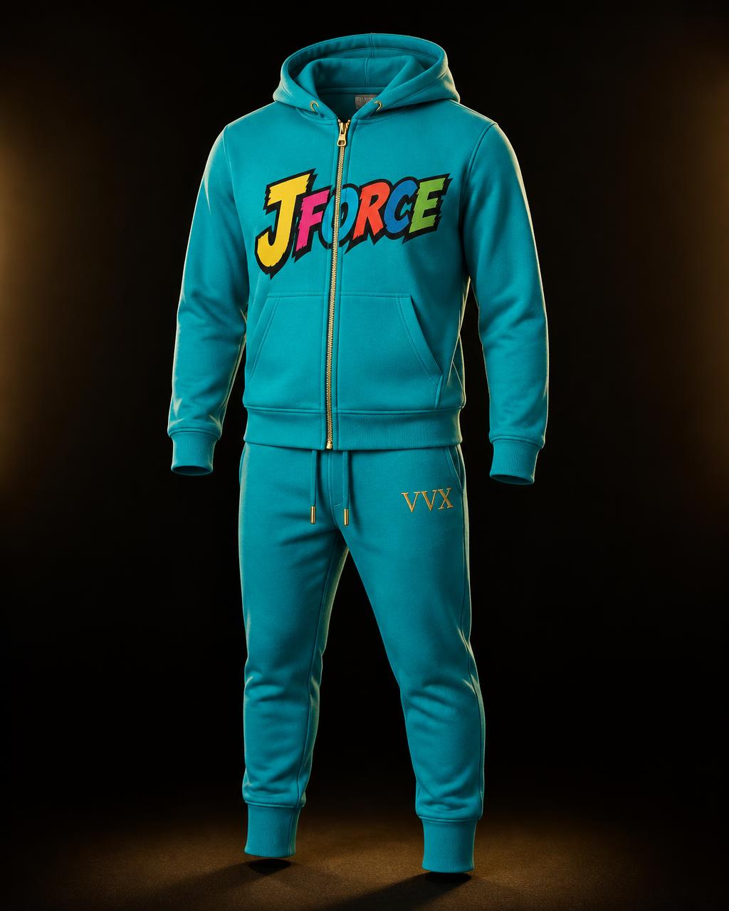 VVXHQ kids' JForce Jogging Suit — Turquoise Court in Turquoise Court, Two-piece zip hoodie and tapered jogger set in electric teal