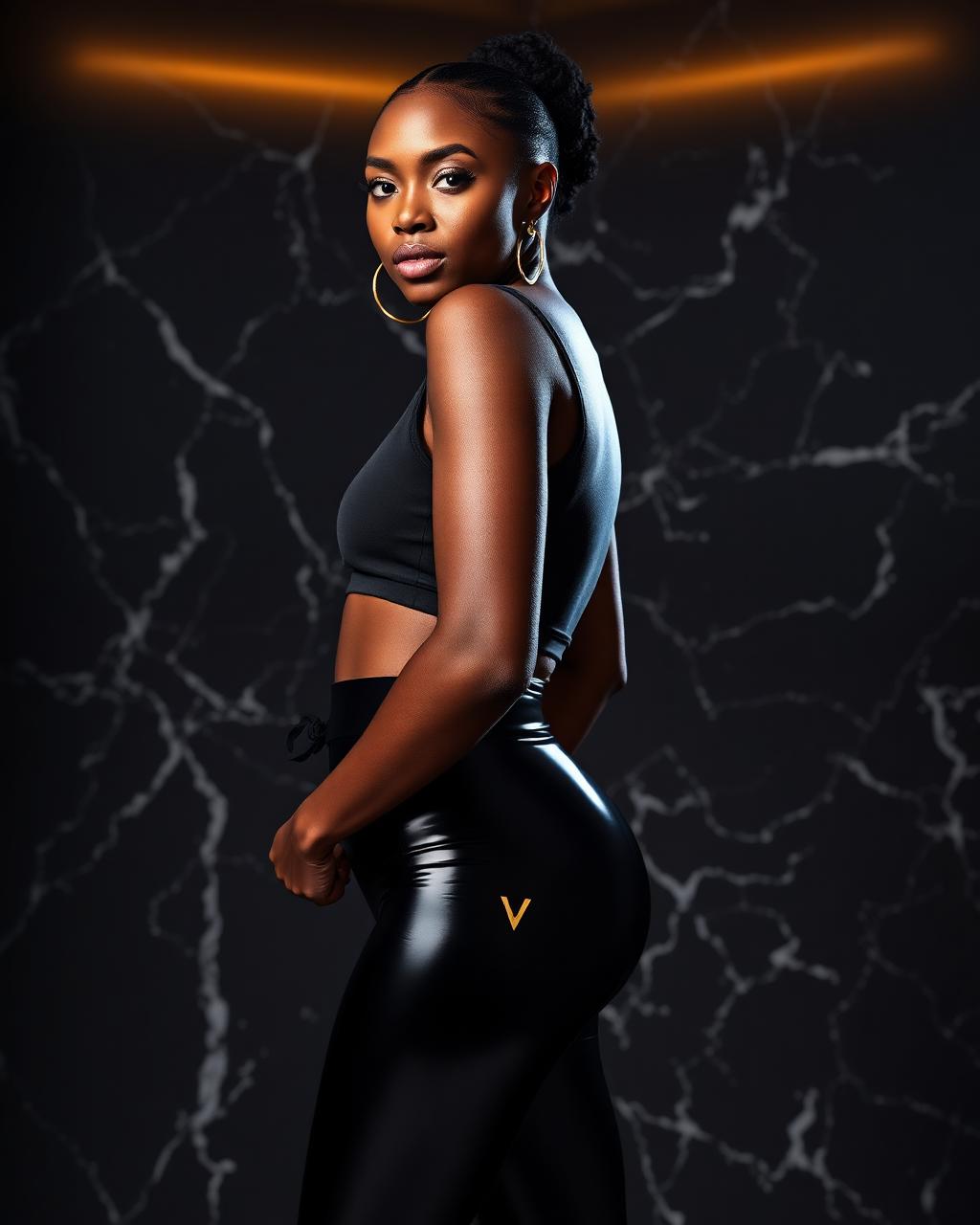 VVXHQ women's Onyx Gloss Sculpt Leggings in Onyx Black, High-shine second-skin legging with gold VVX hip mark