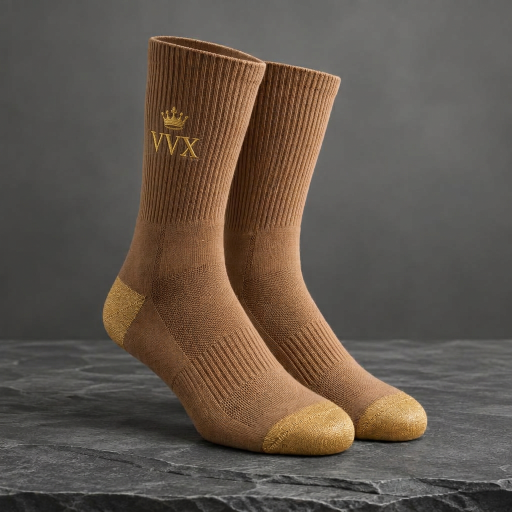 VVXHQ men's VVX Camel Gold Athletic Sock in Onyx Black — Camel & Gold, sold as a single pair.