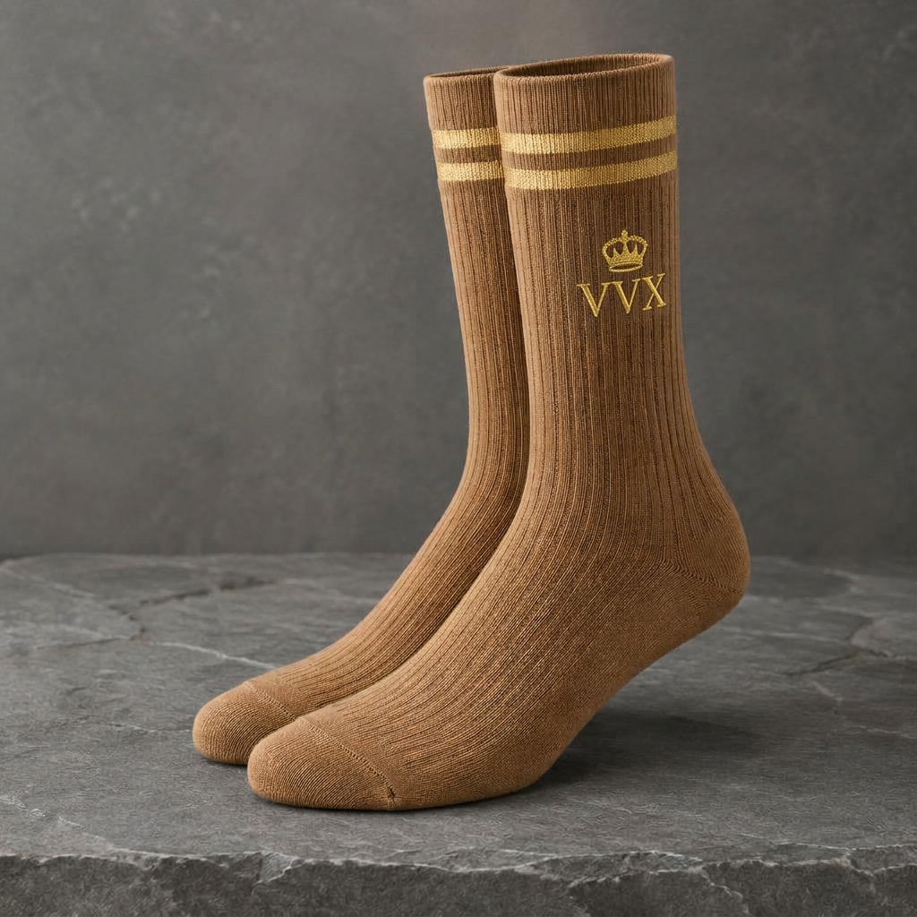 VVXHQ men's VVX Camel Gold Stripe Crew Sock in Onyx Black — Camel & Gold, sold as a single pair.