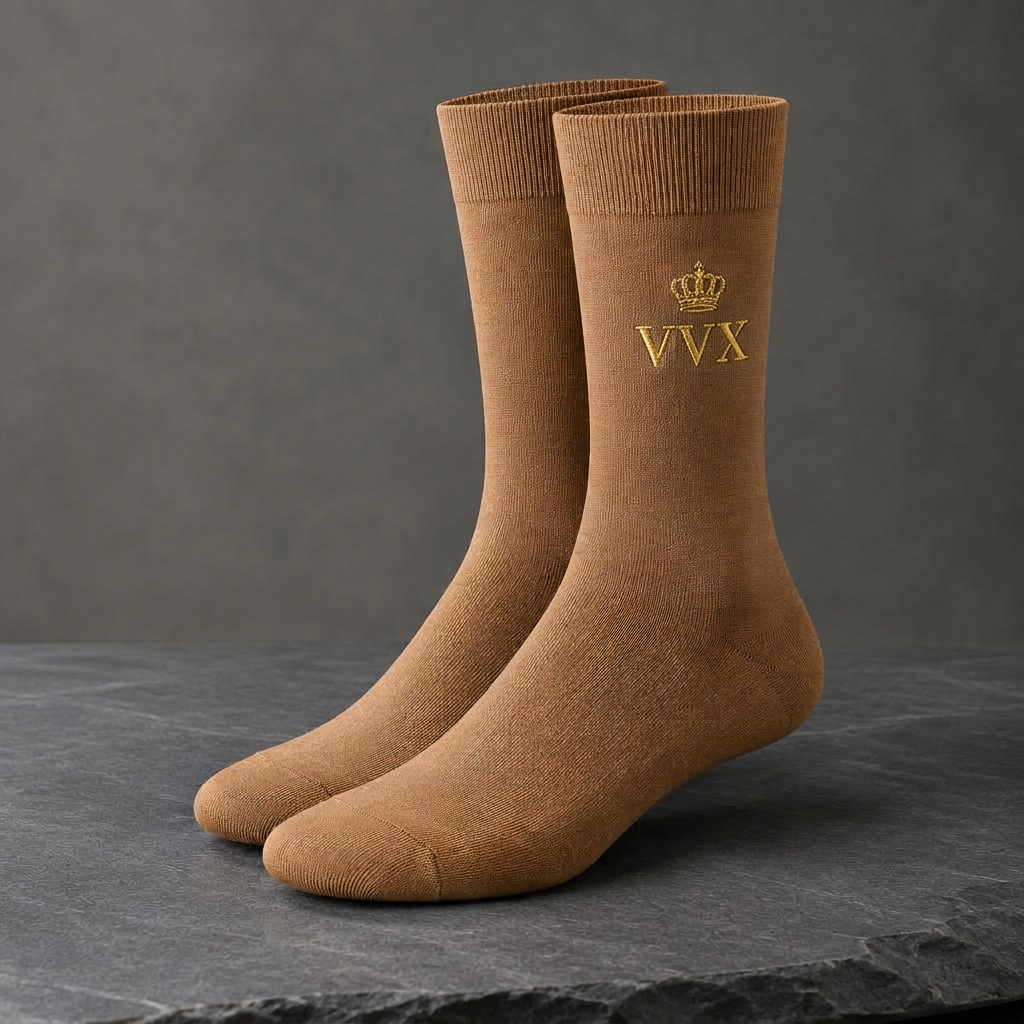 VVXHQ men's VVX Camel Crown Dress Sock in Onyx Black — Camel & Gold, sold as a single pair.