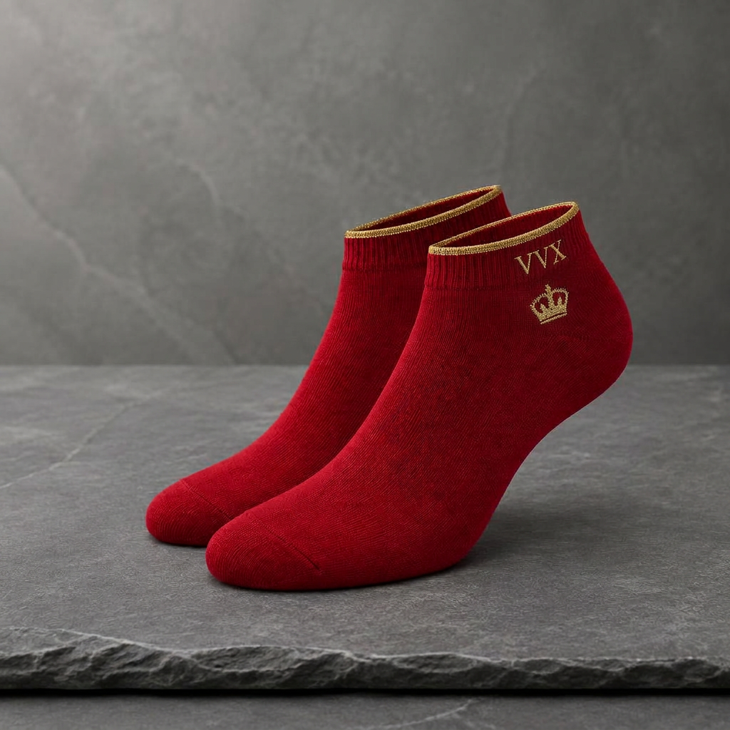 VVXHQ men's VVX Crimson Gold Ankle Sock in Onyx Black — Crimson & Gold, sold as a single pair.