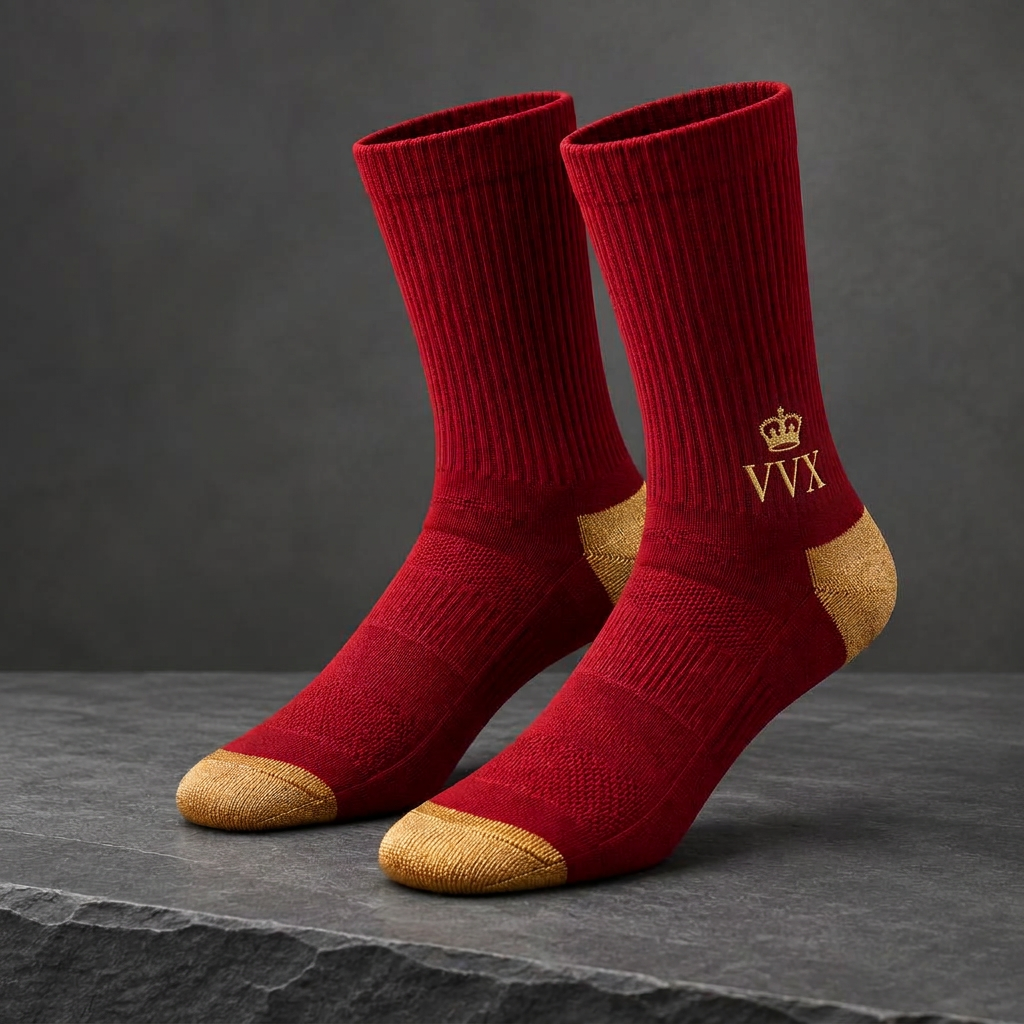 VVXHQ men's VVX Crimson Gold Athletic Sock in Onyx Black — Crimson & Gold, sold as a single pair.