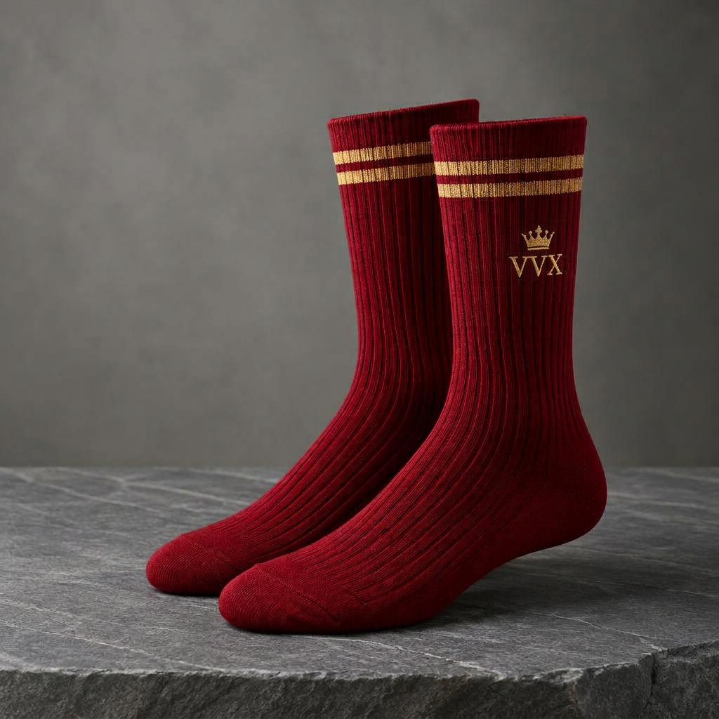 VVXHQ men's VVX Crimson Gold Stripe Crew Sock in Onyx Black — Crimson & Gold, sold as a single pair.