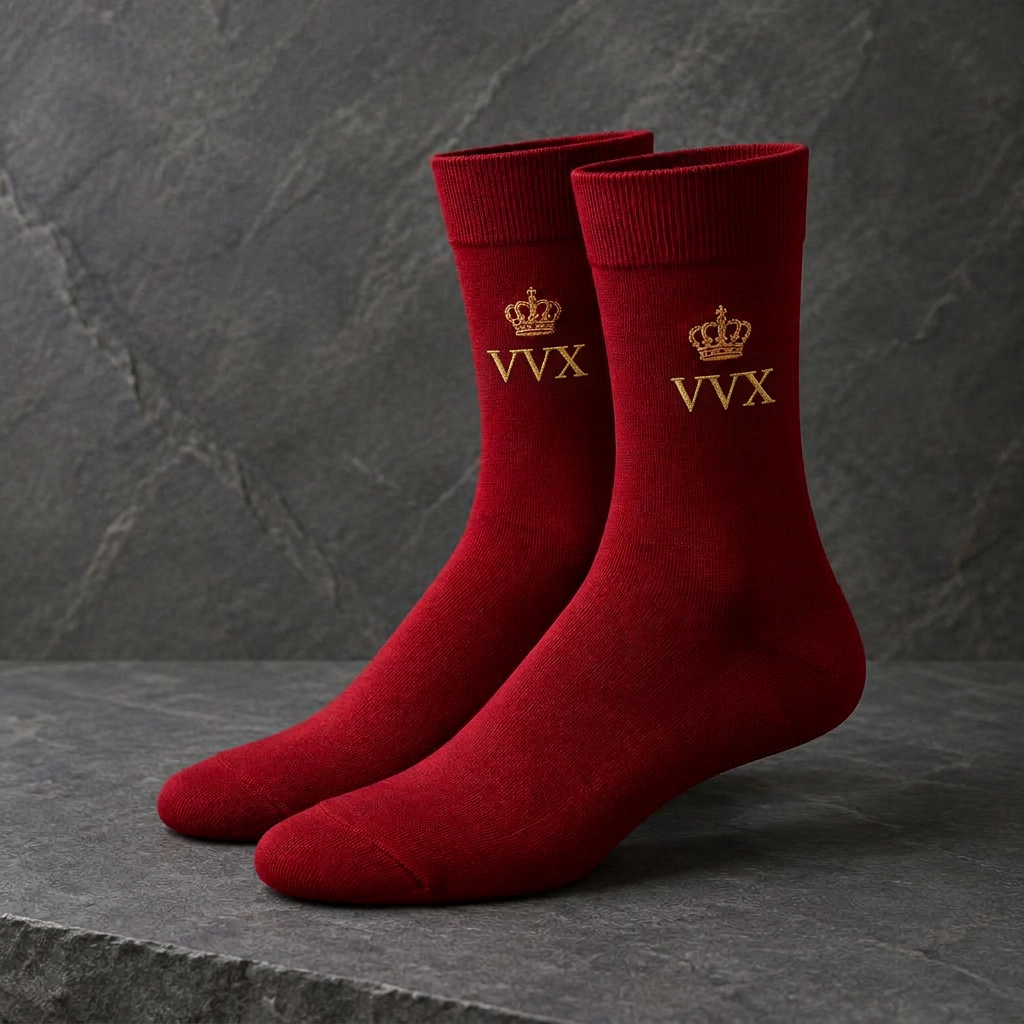 VVXHQ men's VVX Crimson Crown Dress Sock in Onyx Black — Crimson & Gold, sold as a single pair.