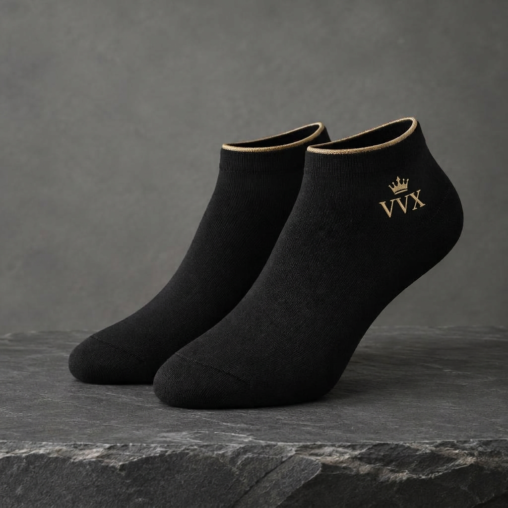 VVXHQ men's VVX Noir Gold Ankle Sock — Men's in Onyx Black — Noir & Gold, sold as a single pair.