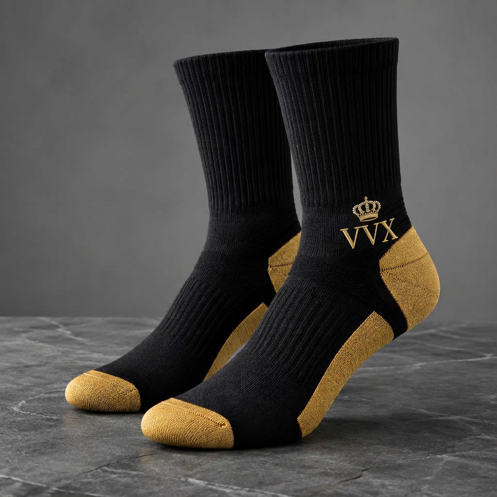 VVXHQ men's VVX Noir Gold Athletic Sock — Men's in Onyx Black — Noir & Gold, sold as a single pair.
