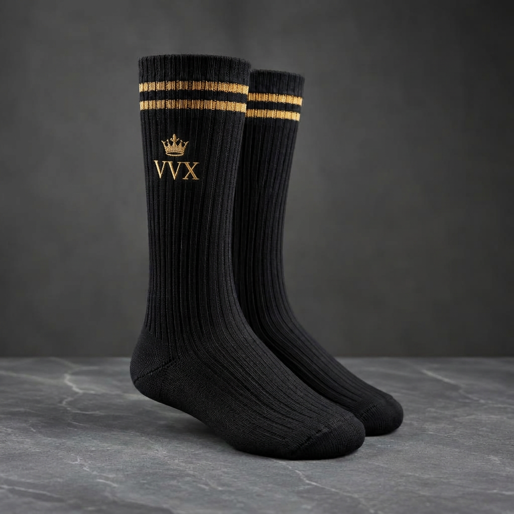 VVXHQ men's VVX Noir Gold Stripe Crew Sock in Onyx Black — Noir & Gold, sold as a single pair.
