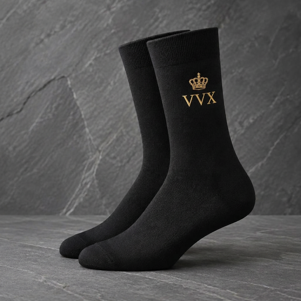 VVXHQ men's VVX Noir Crown Dress Sock in Onyx Black — Noir & Gold, sold as a single pair.