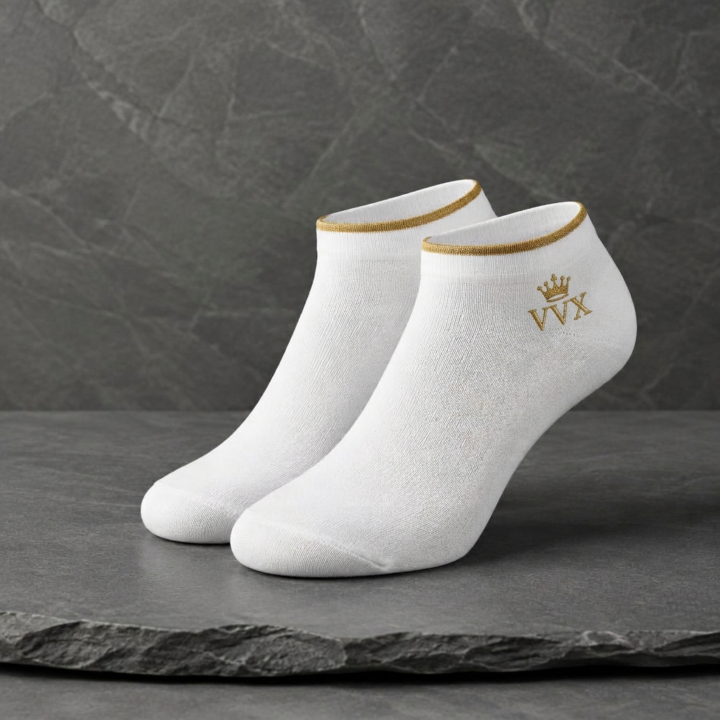 VVXHQ men's VVX Ivory Gold Ankle Sock — Men's in Onyx Black — Ivory & Gold, sold as a single pair.