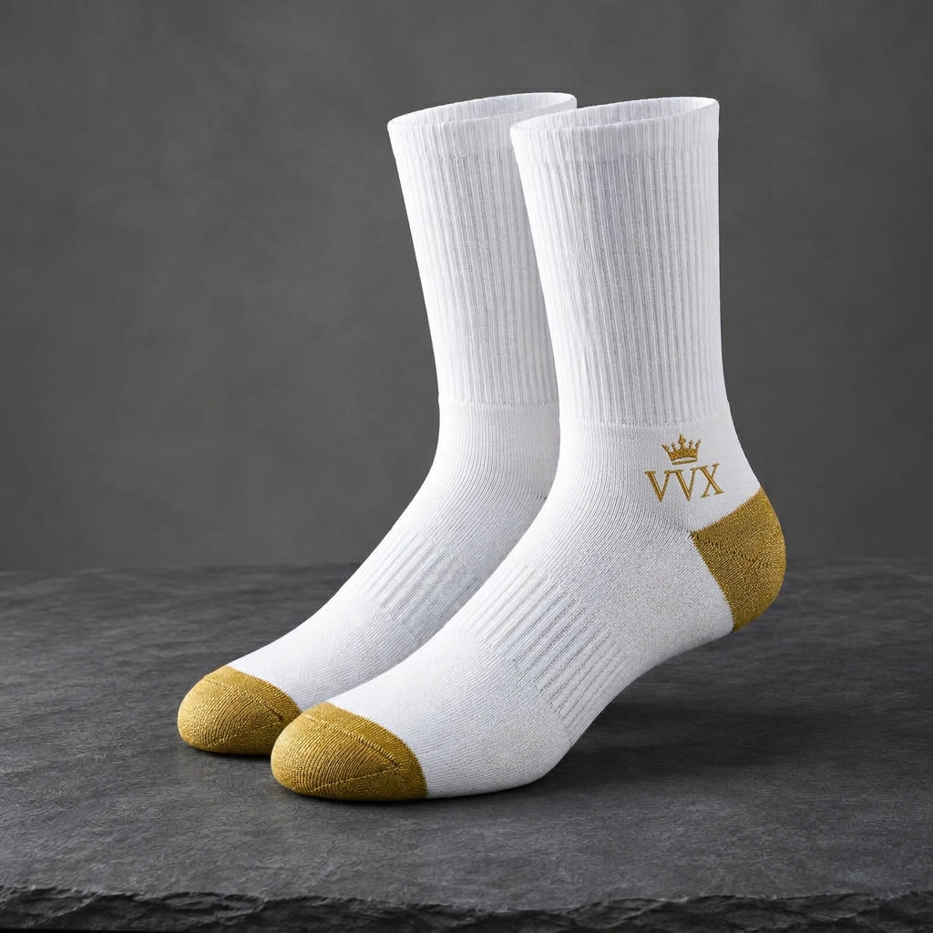 VVXHQ men's VVX Ivory Gold Athletic Sock in Onyx Black — Ivory & Gold, sold as a single pair.