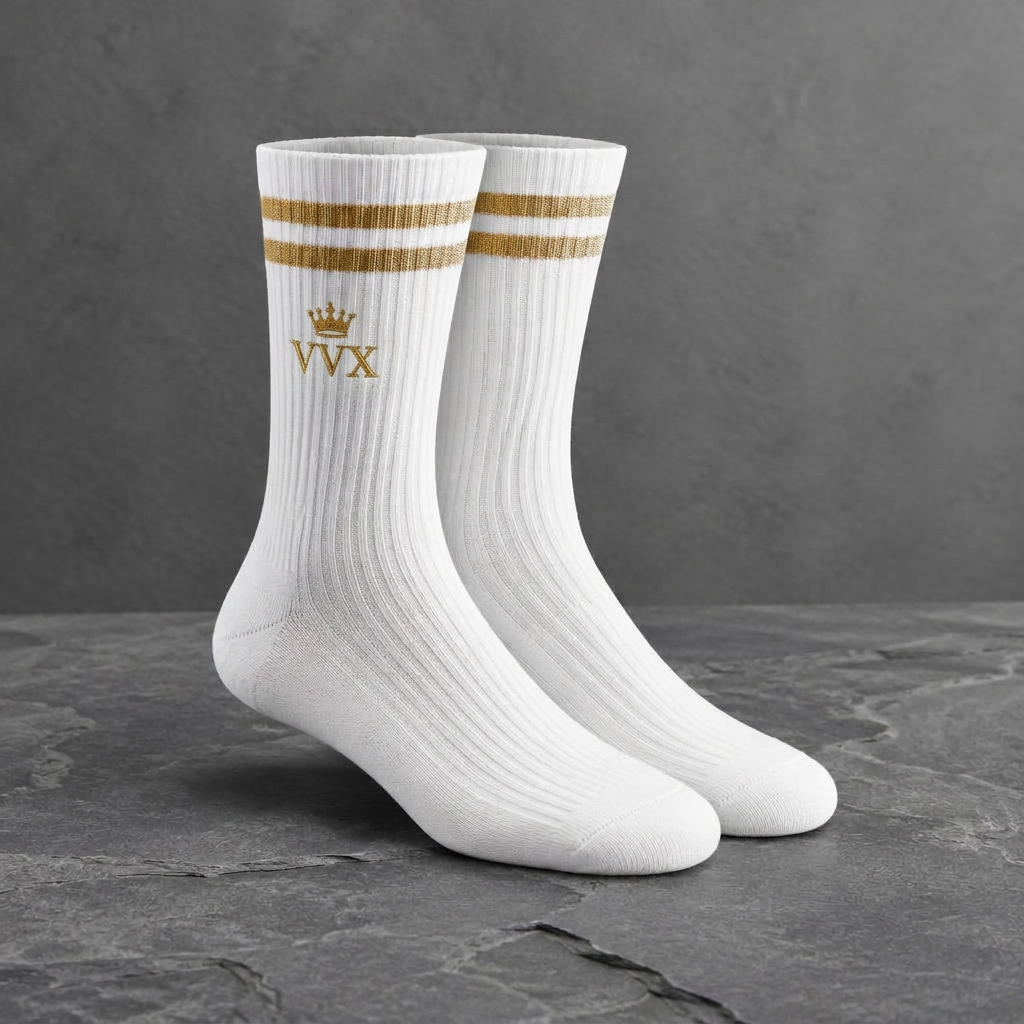 VVXHQ men's VVX Ivory Gold Stripe Crew Sock in Onyx Black — Ivory & Gold, sold as a single pair.