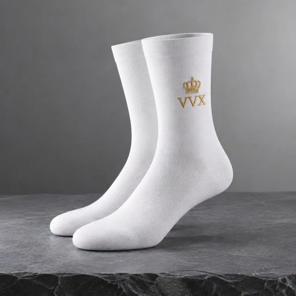 VVXHQ men's VVX Ivory Crown Dress Sock in Onyx Black — Ivory & Gold, sold as a single pair.