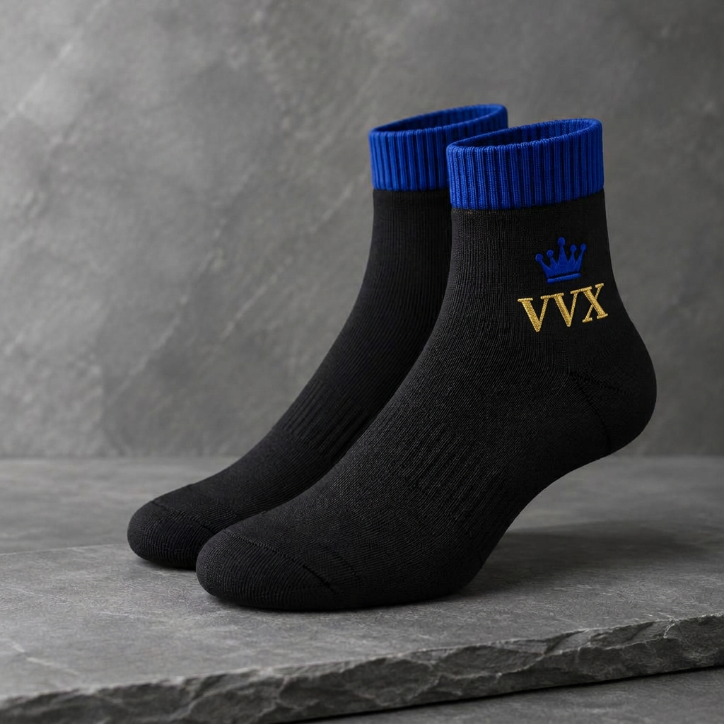 VVXHQ men's VVX Onyx Royal Ankle Sock in Onyx Black — Onyx & Royal Blue, sold as a single pair.