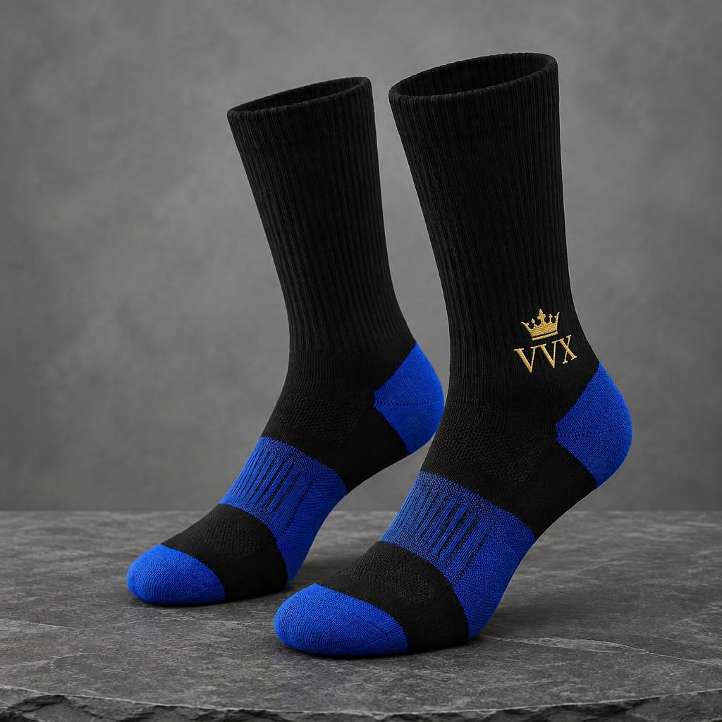 VVXHQ men's VVX Onyx Royal Athletic Sock in Onyx Black — Onyx & Royal Blue, sold as a single pair.
